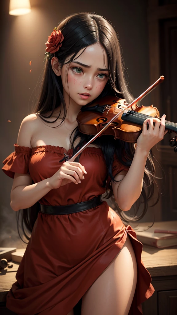 A girl with wheat skin, long black hair, wide green eyes, a well-proportioned body, round lips, wearing an attractive red dress, playing the violin with a bloody dramatic background, high resolution., High detail, Very detailed, Ultra precise, Quality leather,
Tears, Tabarj, Red nose, crying, Heavy breathing, rear view, Multi-faceted perspective, Poetry flower,