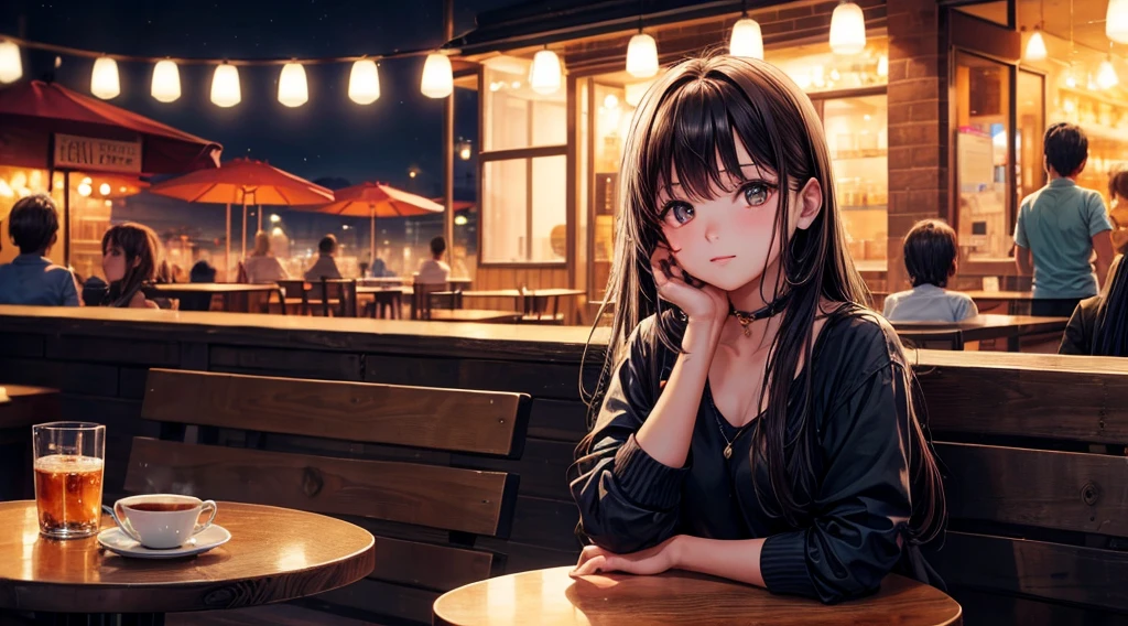(Original photo, Highest quality), 1 girl, Lisa, night,Cafe, relax, Satosh Khan'Art Style