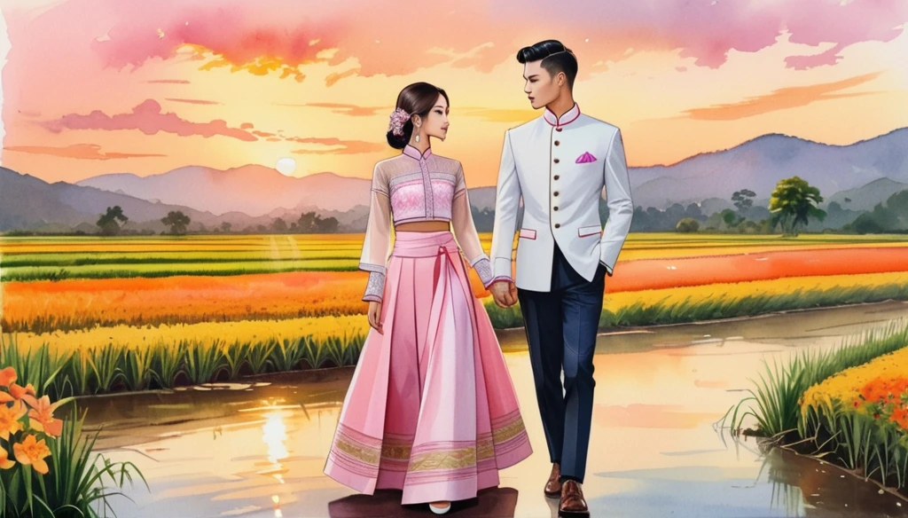 candid fashion illustration of young man and women, 20-27 year old, adorned in a meticulously crafted North Thai traditional outfits, Lampang, ((showcase fashion Lanna style in cotton handwoven in pink)), simple elegant style, The man wears a simple long-sleeved white mandarin collar suit, paired with Tailor pants, and oxford shoes, The woman complements him with ankle-length wrap skirt, simple minimal patterns details, fitted intricately decorated waist-length blouse that complements the skirt, standing, Set against the backdrop of a breathtaking sunset at countryside, Chiangmai, rice farm, wild flower, Captured in full-body image, ((imperfect water color background)), sketching, realistic drawing, imperfect water color painting, fashion look book, fashion illustrator, sketch design,  the image boasts high-quality, Lanna, North Thai traditional costume.