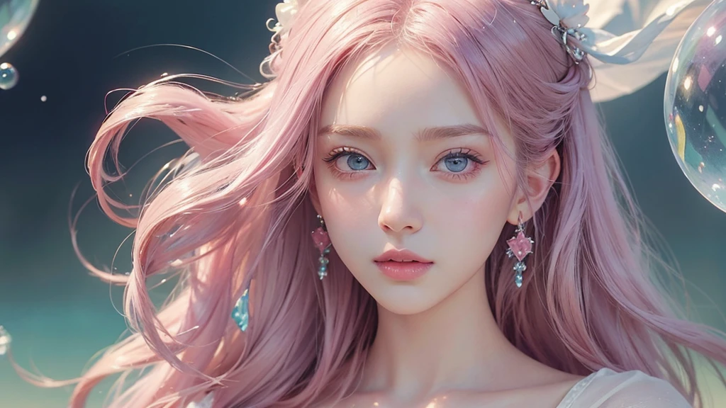 ((masterpiece)). This work is dreamy and fantastical., Soft pink watercolor shades. Generates delicate magical women exploring the bubble gum world in a variety of pastel colors. Her sweet face is extremely detailed and realistic with elegant, Mature features, Puffy, Big lips and stunning, Extremely realistic eyes. Her eyes are important、Be realistic, Very detailed, And it's beautiful. High resolution and detail, Include many details like stars, Milky Way, Colorful bubbles, Colorful petals, And a lot of energy and emotion! Stars and colorful bubblegum bubbles are important! Include fantasy details, Enhanced Details, iris, Colorful sparkling wind, And pollen. Pay special attention to her face、Make sure it's beautiful and realistic in detail。. The image is dreamy、It has to be fantastical..8k, Complex, elegant, Very detailed, Majestic, Digital photography