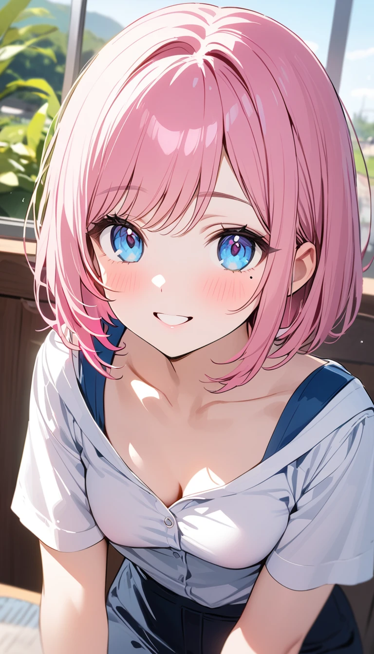 (1 girl),(Best Picture Quality, 8K, Masterpiece:1.3), (high student:1.5), ((pink lob hair:1.1)), (bob cut),(swept bangs), (cute eyes, pupil black, iris skyblue, youthful face), (mole under right eye), (standard weight), (small breasts), (glistening skin:1.1),(pale skin:1.2),((sexy fashion)),(magnificent view),(Smile).