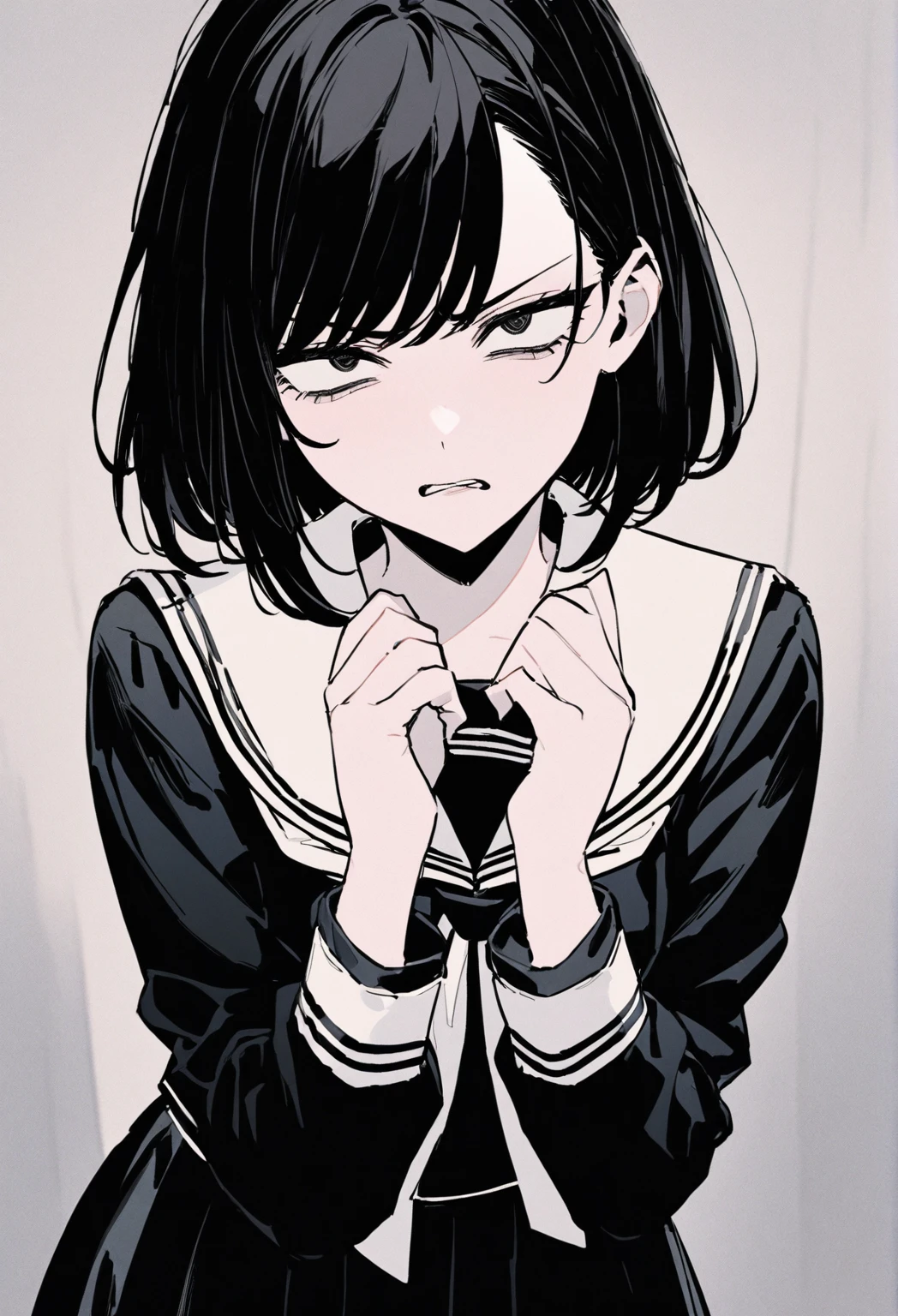 ,1girl, 独奏,high school student、uniform、Jet black hair color、Sailor suit、swept bangs、,Okabo Hair,Shortcuts、Bring your palms forward、whole body,Slanted Eyes、noline:0.8、aggressive、Cat Eyes、Narrow eyes:1.5、Bad mood、newest、Black and White、Lack of color、tone