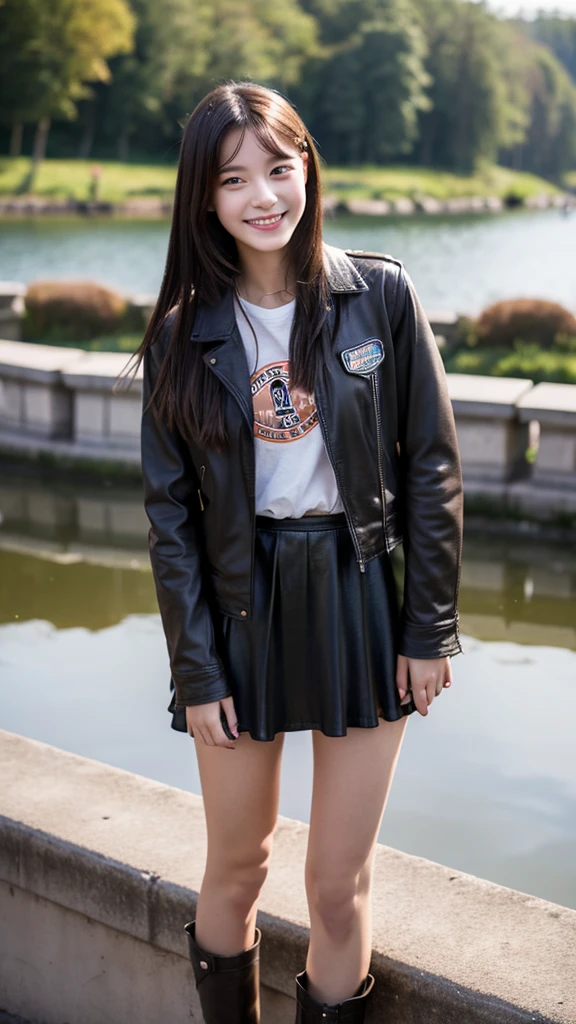 create beautiful 19 year old russian girl with long  black hair wearing a long light brown leather  jacket and inside of the jacket she is wearing a really dark brown shirt and the girl also has small black skirt above the knees and showing the laps she he standing infront of a railing behind and below which is a small beautiful circular lake which is also gruaded by a rail which has a road behind it 
 The girl is smiling and is really happy and is showing a peace sign to the camera. Full body should be shown
