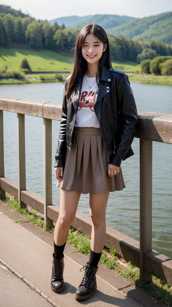 create beautiful 19 year old russian girl with long  black hair wearing a long light brown leather  jacket and inside of the jacket she is wearing a really dark brown shirt and the girl also has small black skirt above the knees and showing the laps she he standing infront of a railing behind and below which is a small beautiful circular lake which is also gruaded by a rail which has a road behind it 
 The girl is smiling and is really happy and is showing a peace sign to the camera. Full body should be shown
