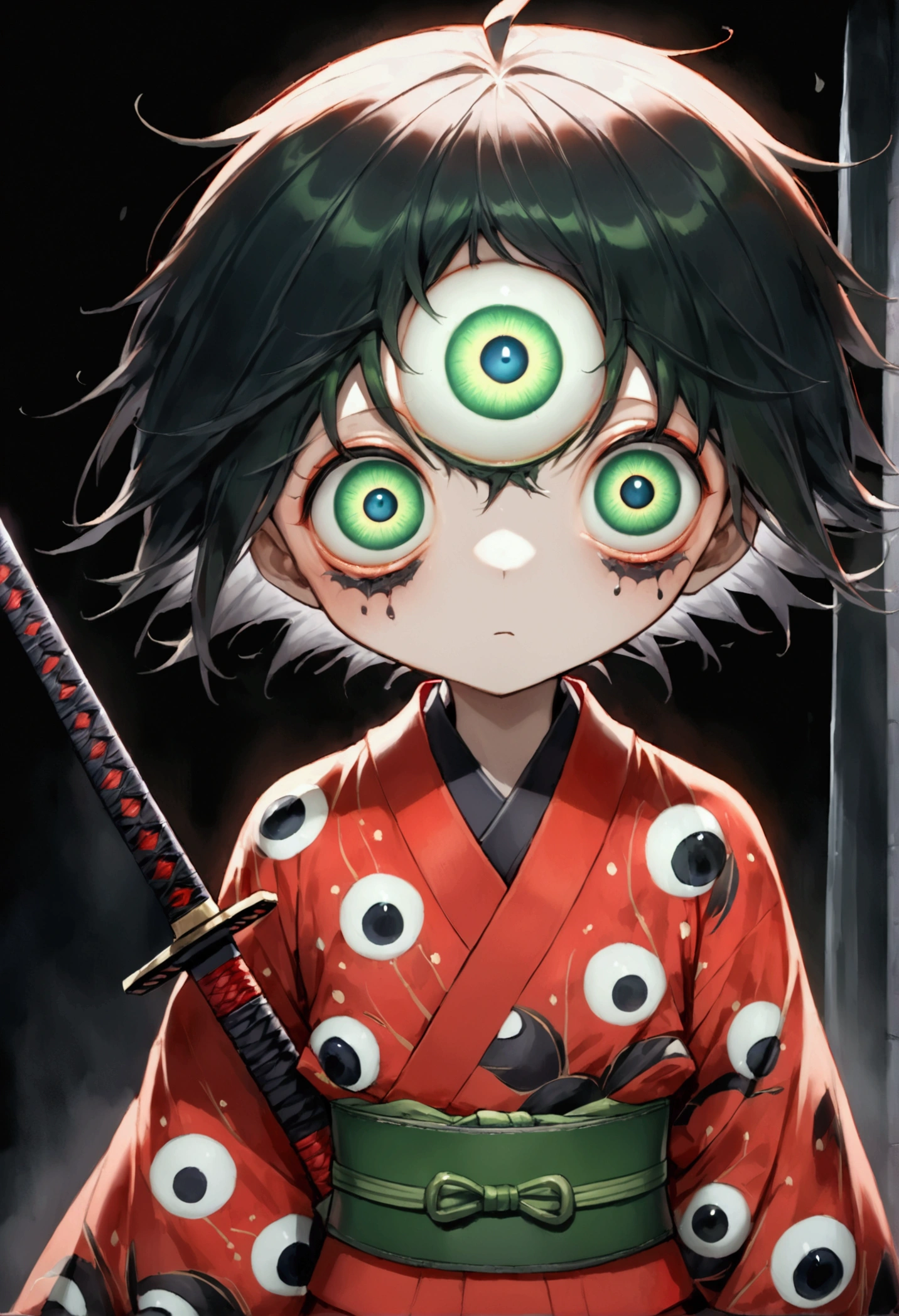 Japanese Anime,Second Dimension,Horror style,horror character,(((Three-eyed boy,Vertical Eye:1.9))),(((Gorgeous Japanese red kimono,Eye pattern,Dark Pattern))).(((Thin waist,Green belt:1.6))).(((Samurai sword))),Black background blur