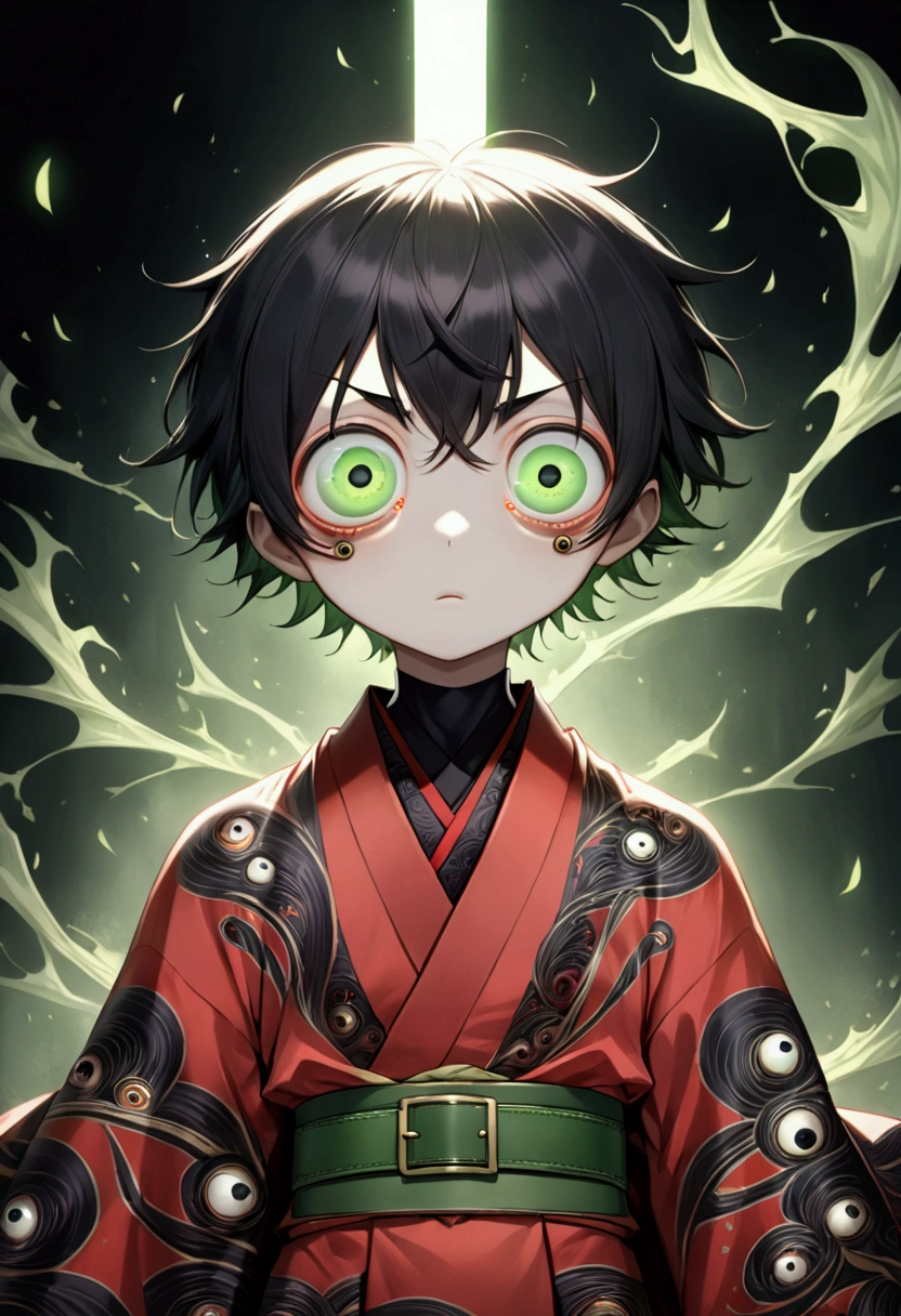 Japanese Anime,Second Dimension,Horror style,horror character,(((Three-eyed boy,Vertical Eye:1.9))),(((Gorgeous Japanese red kimono,Eye pattern,Dark Pattern))).(((Thin waist,Green belt:1.6))).(((Samurai sword))),Black background blur