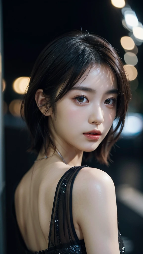 hamabeminami,(wearing a black glittery dress),(RAW photo, best quality), (realistic, photo-realistic:1.4), masterpiece, an extremely delicate and beautiful, extremely detailed, 2k wallpaper, Amazing, finely detail, extremely detailed CG unity 8k wallpaper, ultra-detailed, highres, soft light, beautiful detailed girl, extremely detailed eyes and face, beautiful detailed nose, beautiful detailed eyes,cinematic lighting,city lights at night,perfect anatomy,slender body,short hair