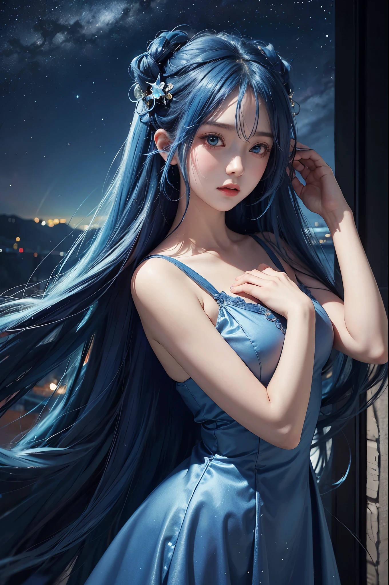 Ultra HD、A beautiful blue-haired character、Very large eyes like in an anime、Red burning cheeks、Night scene with starry sky background、Wearing a gorgeous dress、Subtle details、A fantastic atmosphere、Anime style