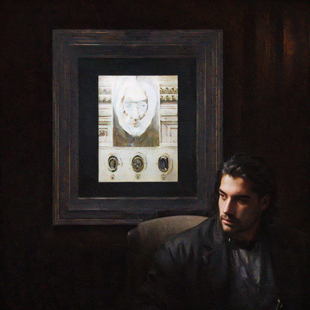 A man is sitting on a chair in front of a painting, Fan Art, A masterpiece of balance, TV still frame, expensive masterpiece, in frame, Inspired by Carlo Mense, Masterpiece Portrait, Very emotional, Inspired by Kristás Georgiou, A masterpiece of ultimate quality, Single portrait, majestic masterpiece, Handsome man, Constantine Andrew (Constantine Andreou) of inspiration
