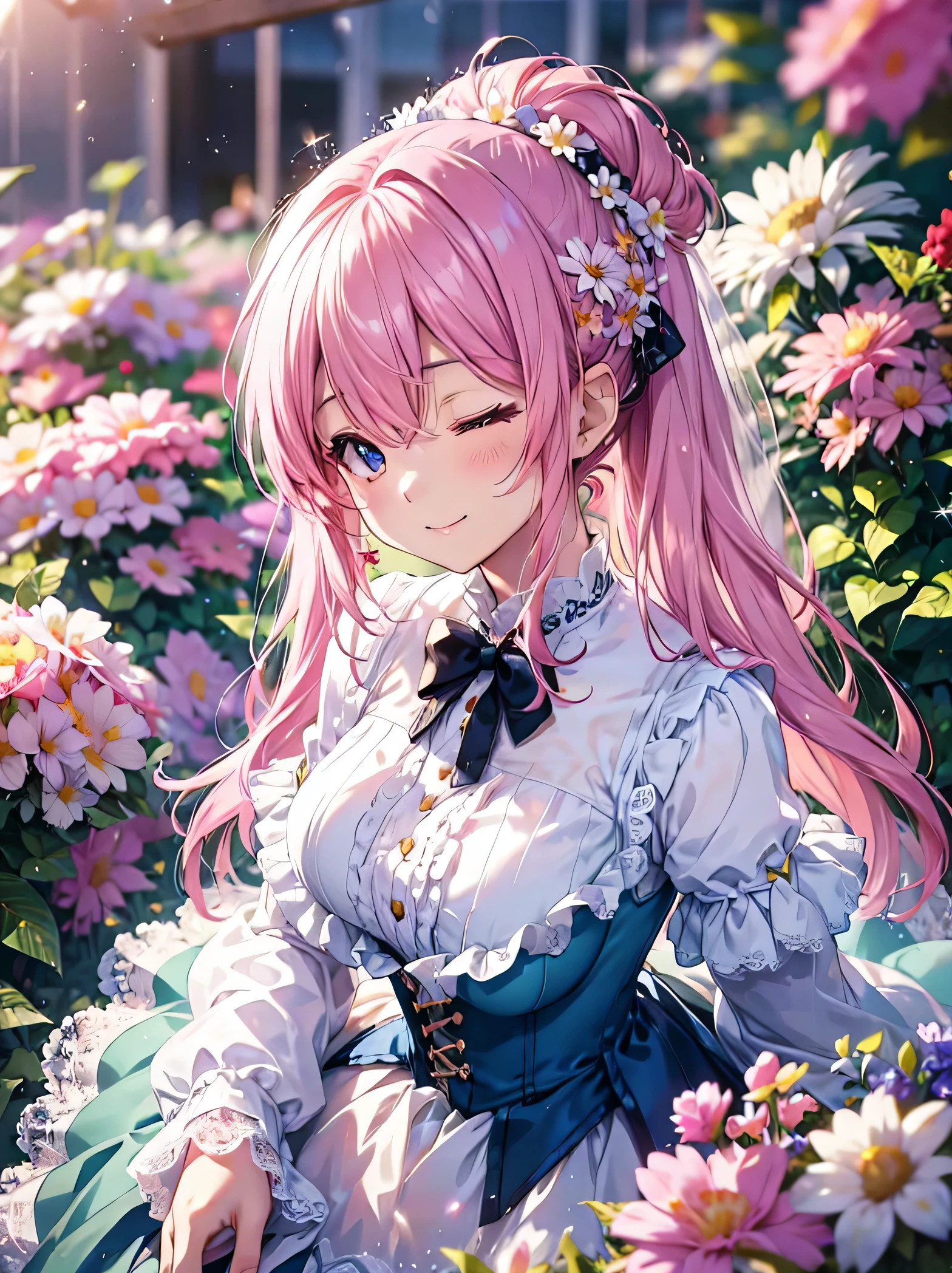 ((ultra detailed, exquisite quality, absolutely resolution)), (anime moe art style:1.3), (((young face solo princess))), ((incredibly cute rococo victorian gown with long hems, voluminous princess style skirt, elaborate lace gown:1.5)), (huge breasts), breasts cleavage, breasts focus, (hair pink hair:1.5), ((fluffy long Expressive ponytail)), ((leaning forward, looking up, from above, front view, facing at viewer:2)), kawaii face, head tilt, (one eye closed, open one eye, happy smile:1.5), put index finger on mouth, ((face focus, eyes focus, blurry background, depth of field:2)), (isometric 3D, octane render, ray tracing:1.5), cinematic shadows, backlighting, particle effect, caustics, super detailed skin, (hyper detail delicate eyes), (eyes blue eyes), (lot's of colorful flowers, sparkling glass classic greenhouse:1.5), (Cut off pink-hair),