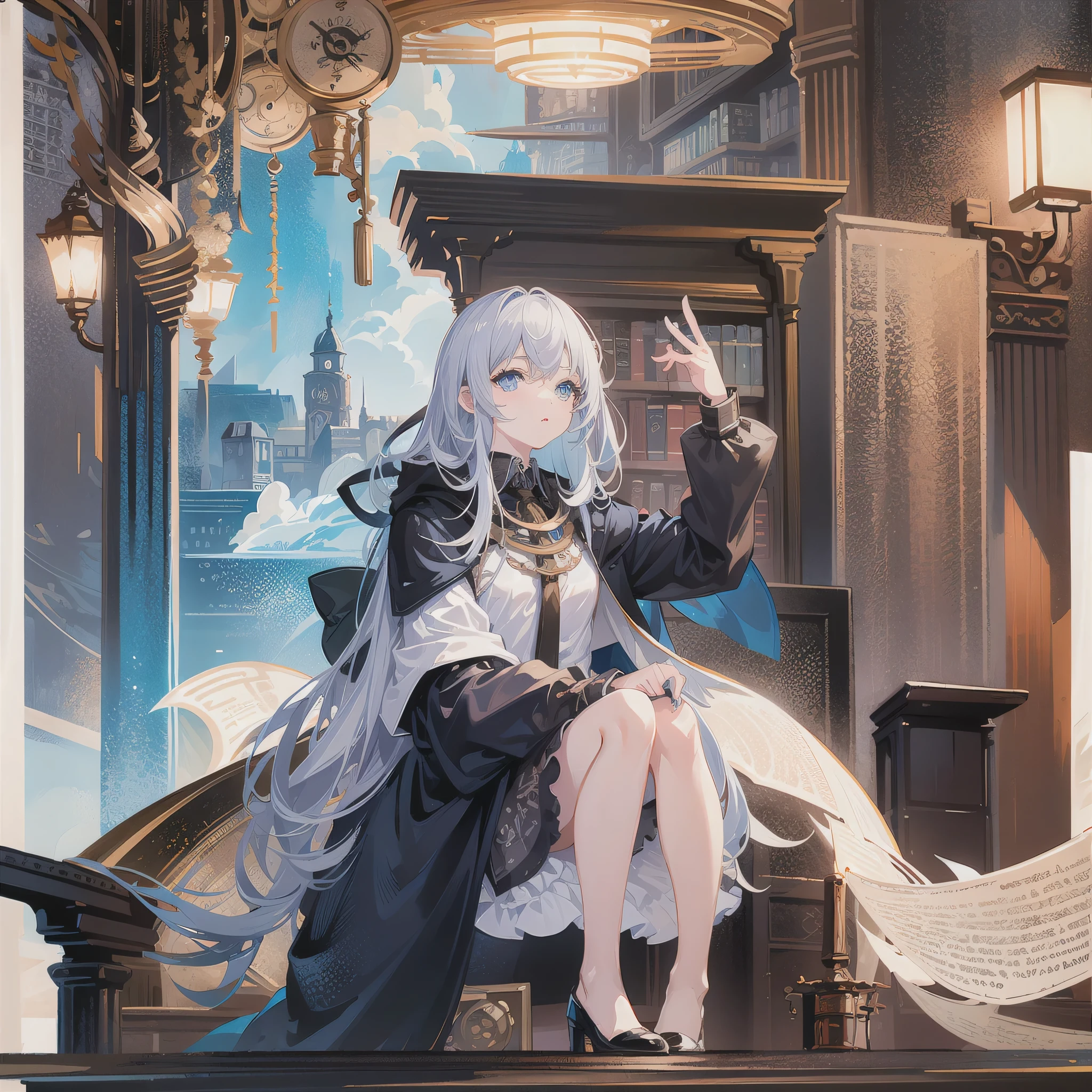 Highest quality, Ultra-high resolution, One girl, cute, Blue Eyes, highlight, Sitting at a desk and writing notes, Steampunk background, Natural body pose, Professional Photographer, library