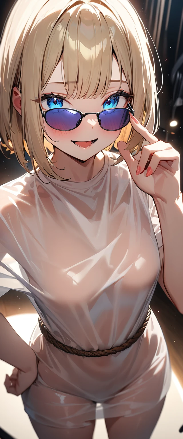 (((One Girl))), Blonde, Bobcut, (Cowboy Shot), ((sunglasses, hand to sunglasses)), (View your viewers), Focus on the face, teenager, Tilt your head:1.3, (((blue eyes))), ((Smile)), ((blush)), Contrasting, Place one hand on hip, (((Exposed skin))), , (((Sensual expression using rope))), leotard, ((See-through clothing:1.3)), Naked Shirt, , Anime Style, (Highest quality, 4K, 8k, High resolution, masterpiece:1.2, Super detailed, Super detailed eyes, High resolution, 超High resolution, Studio Lighting, Ultra-fine painting, Sharp focus, Physically Based Rendering, Very detailed explanation, Professional, Vibrant colors, Bokeh)、excited、Heavy breathing、Open mouth and tongue、