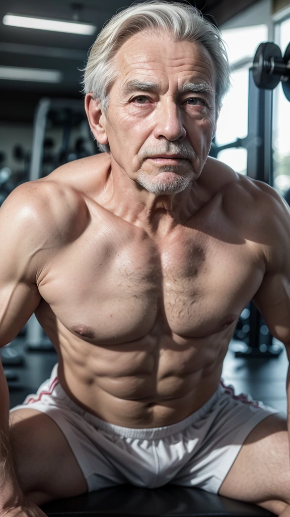 Create an 8k image of sexy 80-year-old men working out in the gym