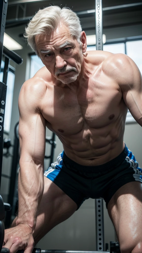 Create an 8k image of sexy 80-year-old men working out in the gym