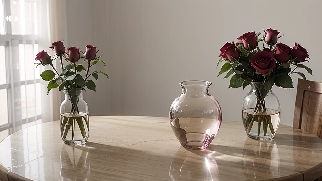 A heart-shaped clear glass vase with intricate swirling designs, taller on the left side. Inside, there is a large pink rose in the center, with curved stems and small flowers on the left side. Some stems extend above the vase. The background is simple gray, highlighting the pink roses and the clear glass vase.