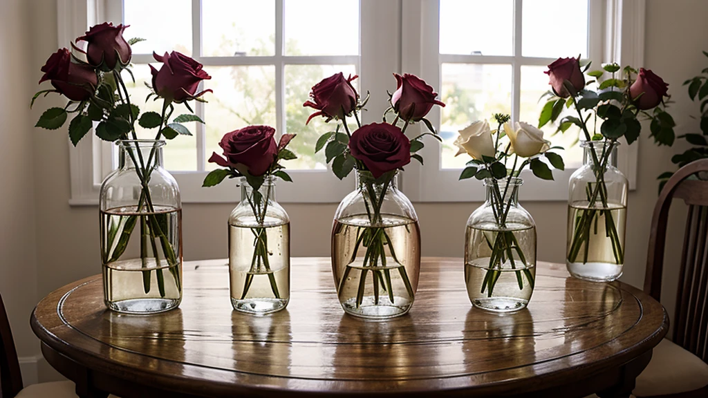 A heart-shaped clear glass vase with intricate swirling designs, taller on the left side. Inside, there is a large pink rose in the center, with curved stems and small flowers on the left side. Some stems extend above the vase. The background is simple gray, highlighting the pink roses and the clear glass vase.