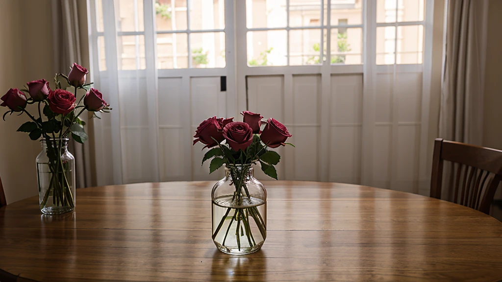 A heart-shaped clear glass vase with intricate swirling designs, taller on the left side. Inside, there is a large pink rose in the center, with curved stems and small flowers on the left side. Some stems extend above the vase. The background is simple gray, highlighting the pink roses and the clear glass vase.