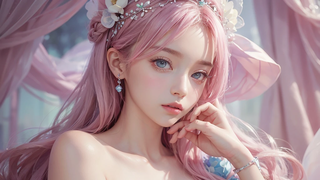 ((masterpiece)). This work is dreamy and fantastical., Soft pink watercolor shades. Generates delicate magical women exploring the bubble gum world in a variety of pastel colors. Her sweet face is extremely detailed and realistic with elegant, Mature features, Puffy, Big lips and stunning, Extremely realistic eyes. Her eyes are important、Be realistic, Very detailed, And it&#39;s beautiful. High resolution and detail, Include many details like stars, Milky Way, Colorful bubbles, Colorful petals, And a lot of energy and emotion! Stars and colorful bubblegum bubbles are important! Include fantasy details, Enhanced Details, iris, Colorful sparkling wind, And pollen. Pay special attention to her face、Make sure it&#39;s beautiful and realistic in detail。. The image is dreamy、It has to be fantastical..8k, Complex, elegant, Very detailed, Majestic, Digital photography