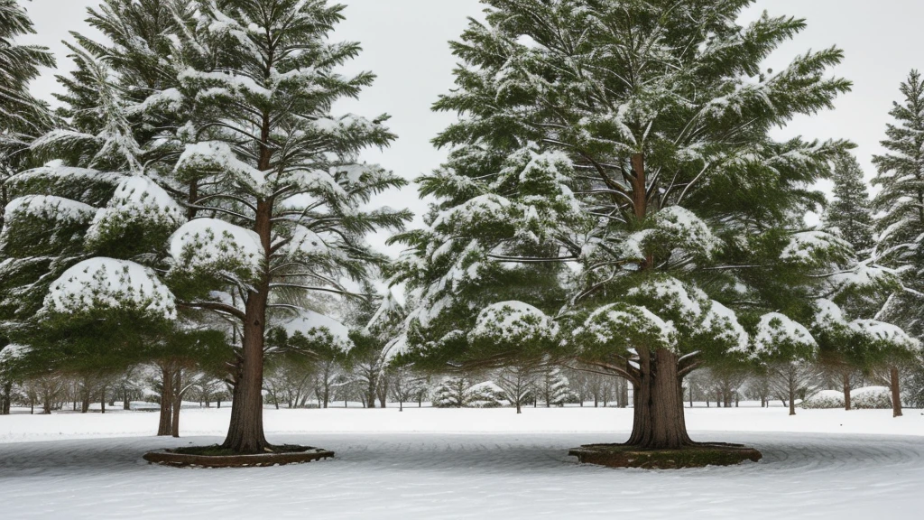 An old pine tree in the snow,Several children are walking around the tree