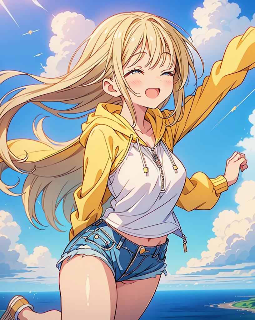 (Highest quality, 32k, High resolution, Masterpiece:1.5, ), god々A girl with a dazzling and healing power, Falling from above the clouds, Expressing emotions, Have a rich imagination, Cute Japanese Girls, Perfect Human Anatomy, Magical big eyes, Motherhood and generosity, Deep Love, ((Eyes closed:1.6)), Shiny Blonde, Super long straight silk hair swaying in the wind, Asymmetrical bangs, Hair between the eyes, Transparent, soft white skin, Sharp eyebrows, Thin lashes, Natural Makeup, Cheek highlighter, Detailed and cute lips, (Yellow zip-up hoodie with a white tank top:1.2), ((Denim shorts:1.2)), Slim figure with ample breasts, Beautifully detailed skies, ((Falling from the sky:1.2)), god秘的
