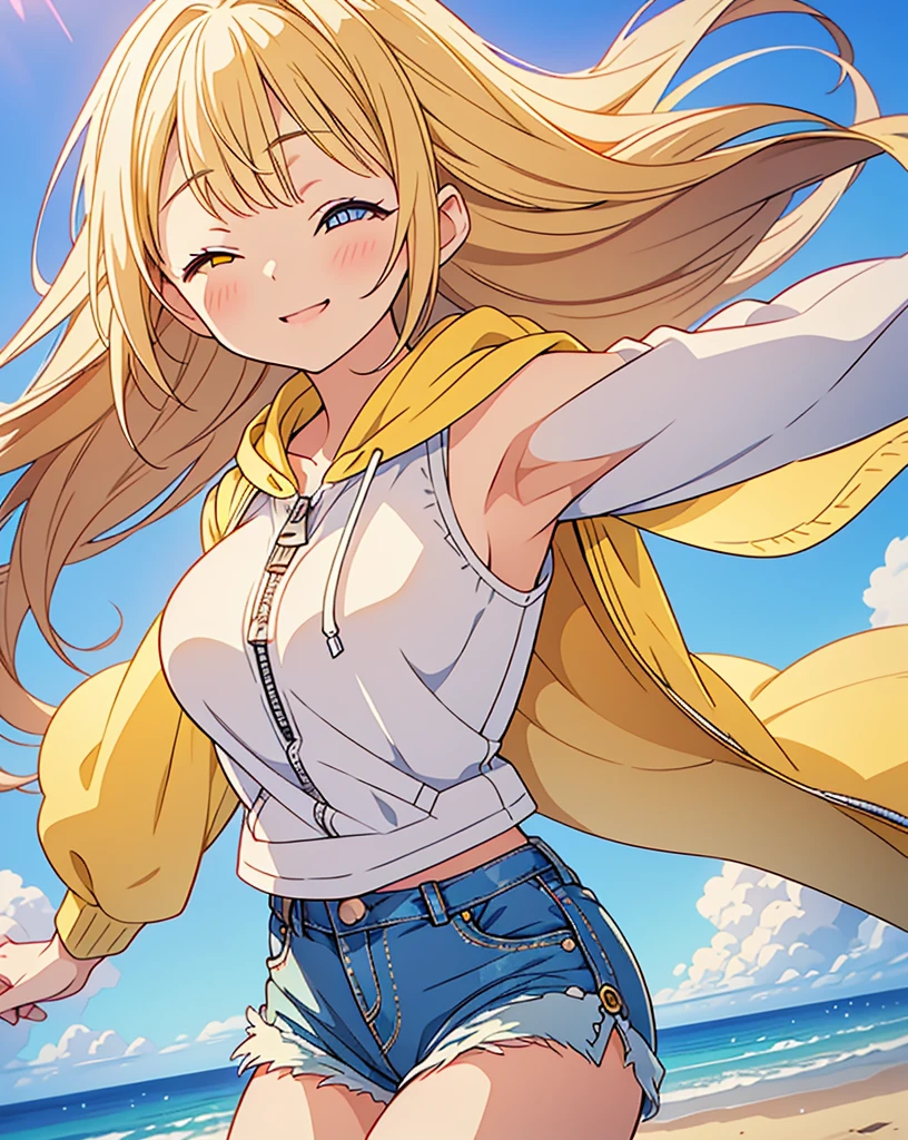 (Highest quality, 32k, High resolution, Masterpiece:1.5, ), god々A girl with a dazzling and healing power, Falling from above the clouds, Expressing emotions, Have a rich imagination, Cute Japanese Girls, Perfect Human Anatomy, Magical big eyes, Motherhood and generosity, Deep Love, ((Eyes closed:1.6)), Shiny Blonde, Super long straight silk hair swaying in the wind, Asymmetrical bangs, Hair between the eyes, Transparent, soft white skin, Sharp eyebrows, Thin lashes, Natural Makeup, Cheek highlighter, Detailed and cute lips, (Yellow zip-up hoodie with a white tank top:1.2), ((Denim shorts:1.2)), Slim figure with ample breasts, Beautifully detailed skies, ((Falling from the sky:1.2)), god秘的