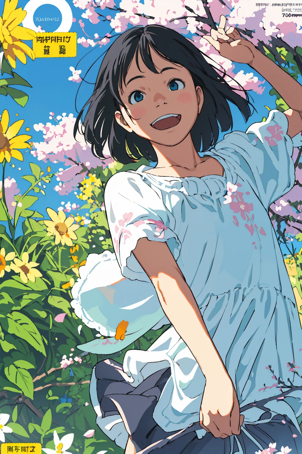 Affordable design, Clear lines, High Sharpness, (Highest quality,8k,Perfect sharpness,Ultra fine,High resolution,masterpiece:1.2), Perfect Anatomy:1.5, Official Art, Illustrations that tell a story, (Whitish background:0. 9)、Body Positivity、多Mr.な身体表現、(Random and energetic poses)、Perfect beauty、Perfect beautiful face、Strong winds、A rich expression、Dynamic composition、smile、Golden ratio composition、colorful、((Mr.々Different angles and perspectives))、Anime Art、(Mini dress)、(Overcoming stereotypes)、 Glowing Skin、(Natural beauty)、smile、Bangs、(Soft and flowing hair)、(countryside)、(Nostalgic atmosphere)、Put it up to your thighs、(Playful and carefree)、(多Mr.な民族のキャラクター)、(innocent attitude)、(Sunny atmosphere)、(The skirt flutters wildly in the wind)、(Bright colors)、Beautiful Eyes、(Embarrassing)、Braided Hair、Summer Scene、Smiling among flowers、Fashion magazine cover、Side angle、Angle from below、