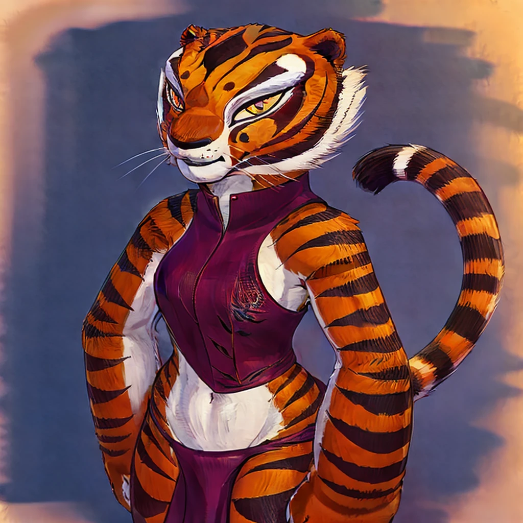 (masterpiece), (best quality),Woman ((anthro)) , (tiger girl),1girl,solo,(sharp focus),((look at viewer)),adult female, (rogue outfit), perfect eyes,eyeshadow, dr comet,pochincoff,Pixelsketcher, (mayosplash), (wamudrawasterpiece),cutesexyrobutts, hioshiru,kingbang,shiny skin, (detailed fur:1.3),old school fantasy art,((simple background:1.0)),master tigress