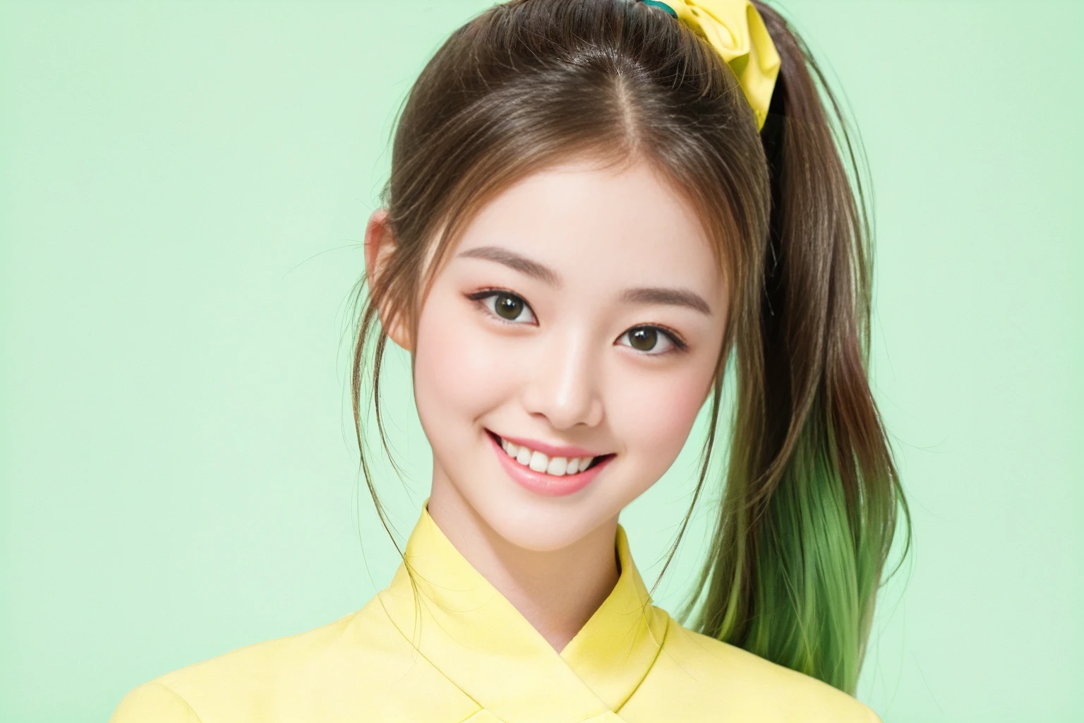 Photo style Real Highest quality Blurring Cute girl with ponytail smile The background is pastel colors of yellow and yellow-green.