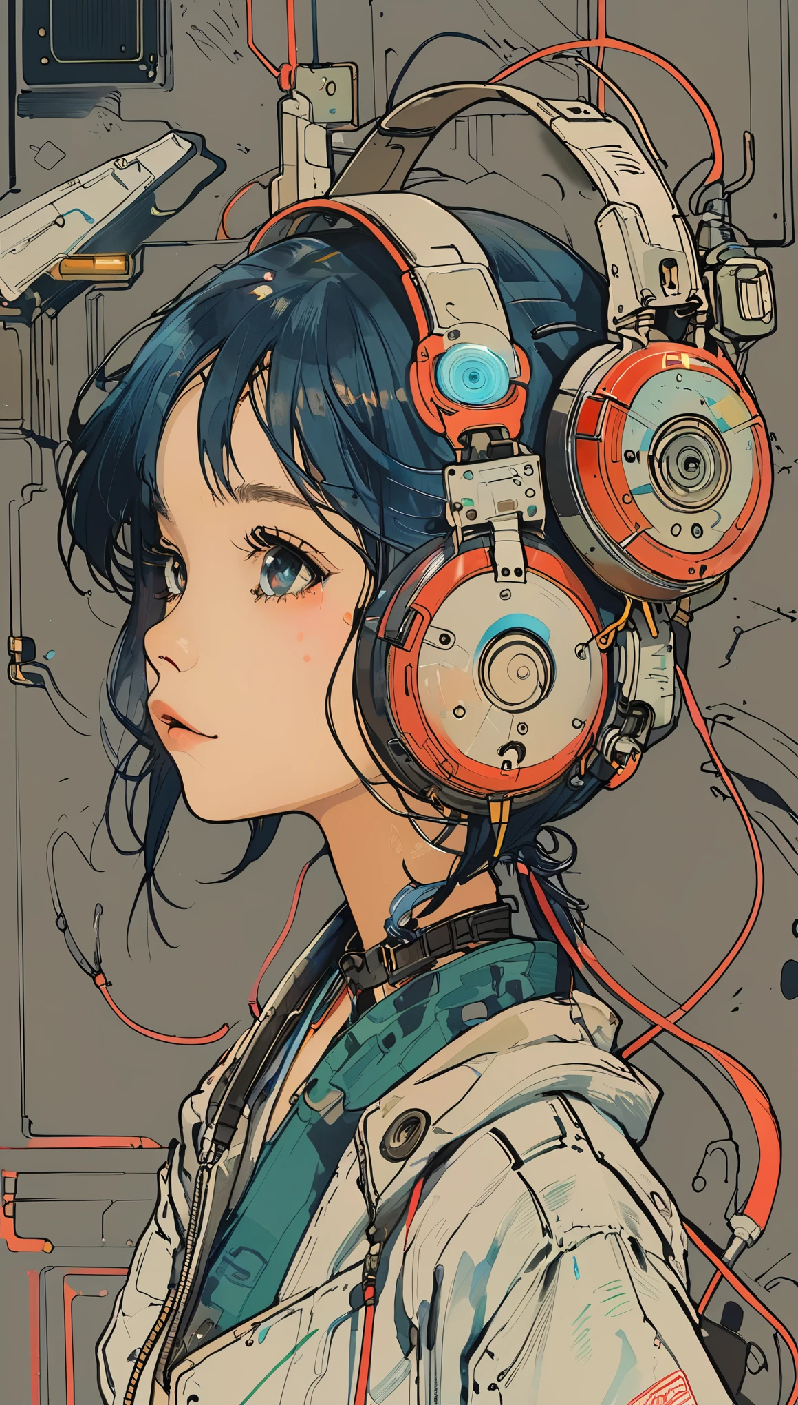 sketch、The Style of Kawanabe Kyosai、Girl、Headphones、Look Up、cyber punk