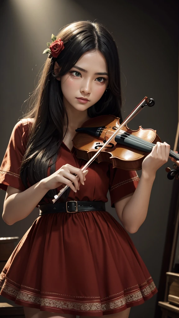 A girl with wheat skin, long black hair, wide green eyes, a well-proportioned body, round lips, wearing an attractive red dress, playing the violin with a bloody dramatic background, high resolution., High detail, Very detailed, Ultra precise, Quality leather,
Tears, Tabarj, Red nose, crying, Heavy breathing, rear view, Multi-faceted perspective, Poetry flower,
