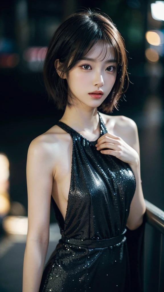 hamabeminami,(wearing a black glittery dress),(RAW photo, best quality), (realistic, photo-realistic:1.4), masterpiece, an extremely delicate and beautiful, extremely detailed, 2k wallpaper, Amazing, finely detail, extremely detailed CG unity 8k wallpaper, ultra-detailed, highres, soft light, beautiful detailed girl, extremely detailed eyes and face, beautiful detailed nose, beautiful detailed eyes,cinematic lighting,city lights at night,perfect anatomy,slender body,short hair