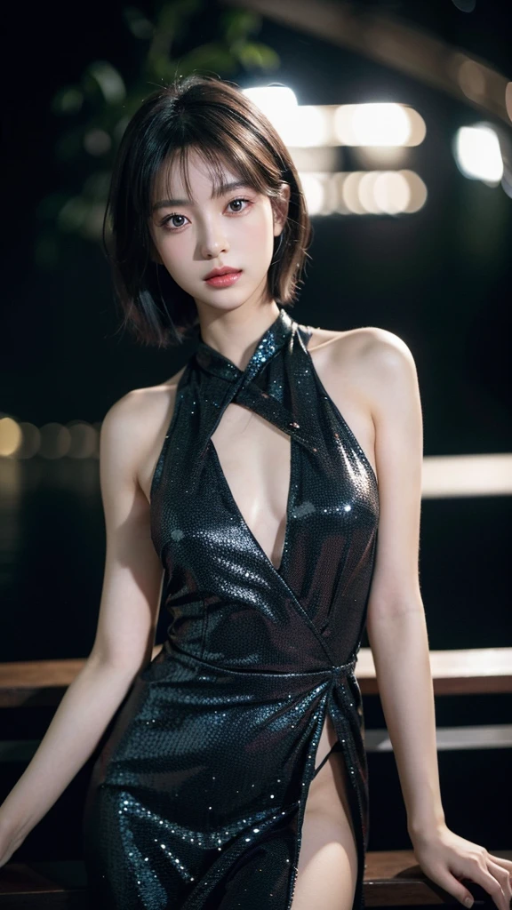 hamabeminami,(wearing a black glittery dress),(RAW photo, best quality), (realistic, photo-realistic:1.4), masterpiece, an extremely delicate and beautiful, extremely detailed, 2k wallpaper, Amazing, finely detail, extremely detailed CG unity 8k wallpaper, ultra-detailed, highres, soft light, beautiful detailed girl, extremely detailed eyes and face, beautiful detailed nose, beautiful detailed eyes,cinematic lighting,city lights at night,perfect anatomy,slender body,short hair