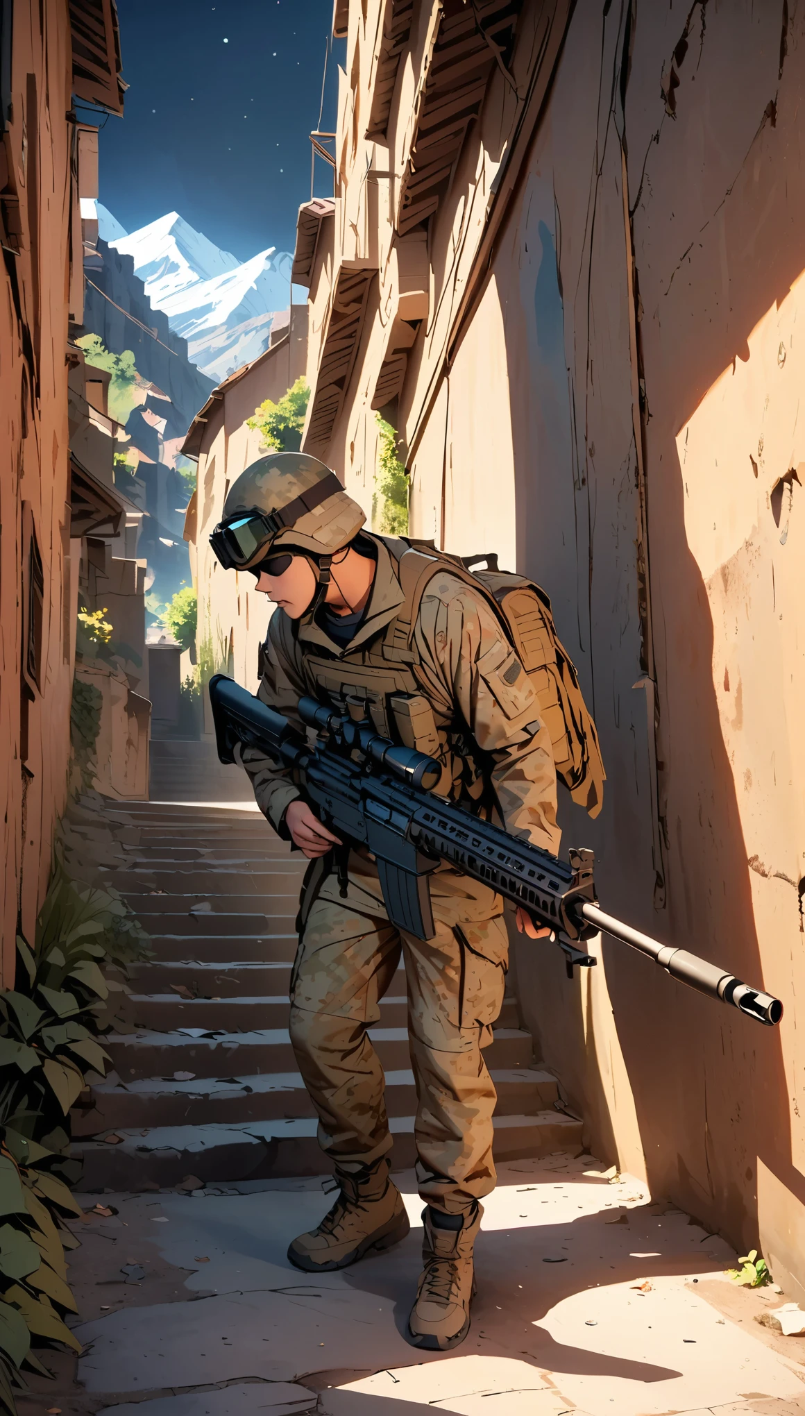 Detailed Sniper、Super detailedな狙撃兵のイラスト、1 Sniper、Sniper rifle、Night vision goggles、Camouflage、Detailed Firearms, military environment、Dark atmosphere lighting、Dramatic Shadows、Highly detailed face and eyes、Digital illustration、Cinematic composition、masterpiece、8k、Super detailed、Anime Style、Dramatic lighting、military environment、A calming color palette