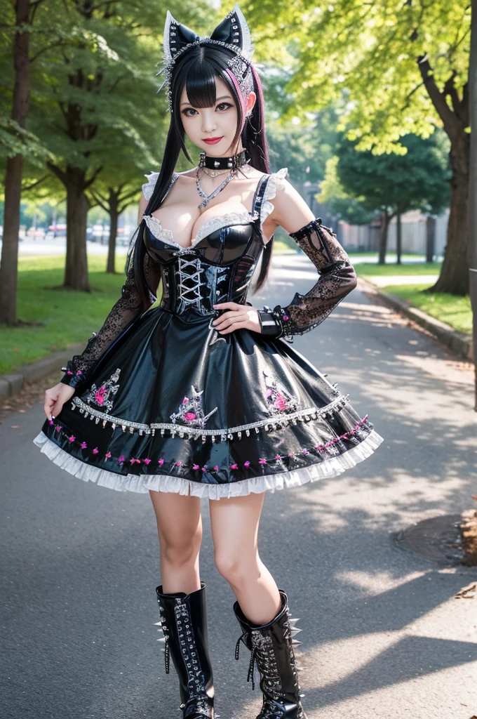 sexy stylish Japanese model, only 1 female, ((doll-like appearance)), Black long hair, ((shiny Punk-Style boots)), (happy smile), ultra detailed eyes, long lashes, metallic makeup, lip-gloss, ((sexy Punk Lolita cosplay)), unconventional skirt, petticoats, high neckline, ((ultra detailed lace)), ((ultra detailed embroidery)), intricate details, tartan patterns, (silver chains), (silver spikes), Punk Lolita accessories, Punk Lolita choker, ((large sparkling Punk Lolita jewelry)), cinematic light, detailed large park background with trees,Big Breasts、cute