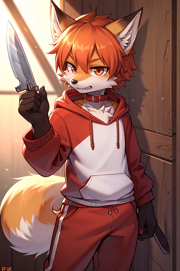 fox boy,Red collar,4K resolution,Boy in hoodie with knife in hand, Intimidation,Cool with both hands,Red hoodie