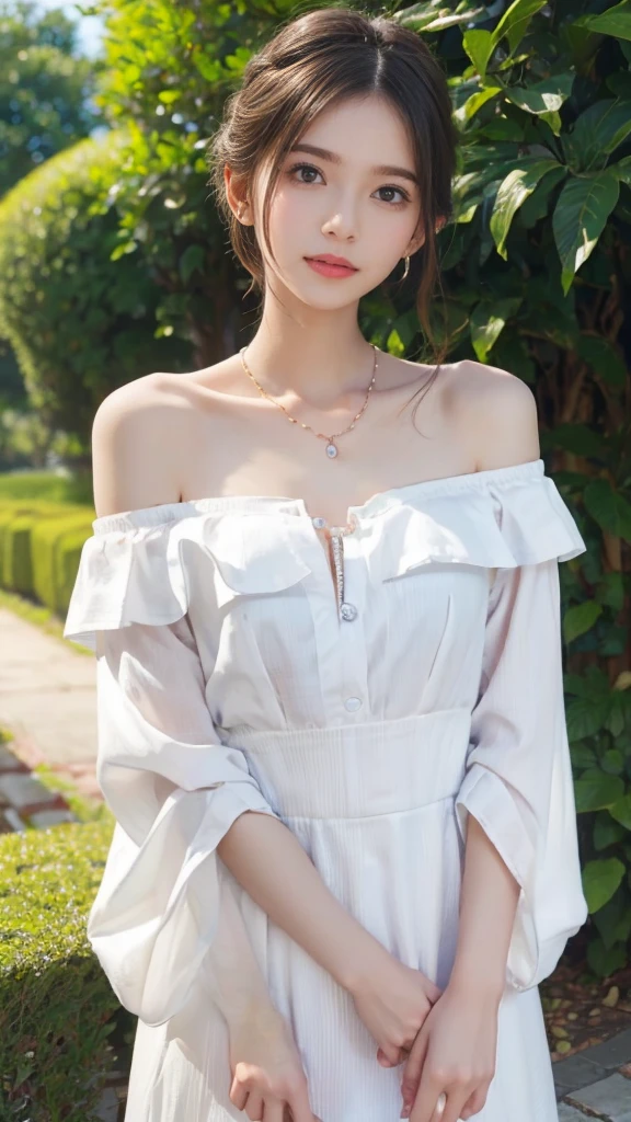 landscape、(Image looking from the chest up:1.6)、Close-up of a woman wearing a white off-shoulder top and earrings, necklace,Soft portrait shots 8 k, Cute and delicate face, High-quality 4K portraits, High quality portrait, Soft and flawless pale skin, 8k highly detailed face, Beautiful delicate face, Beautiful bright big eyes, Beautiful and realistic faces, beautiful young woman with, Beautiful and realistic faces, Cute young woman,garden,outdoor