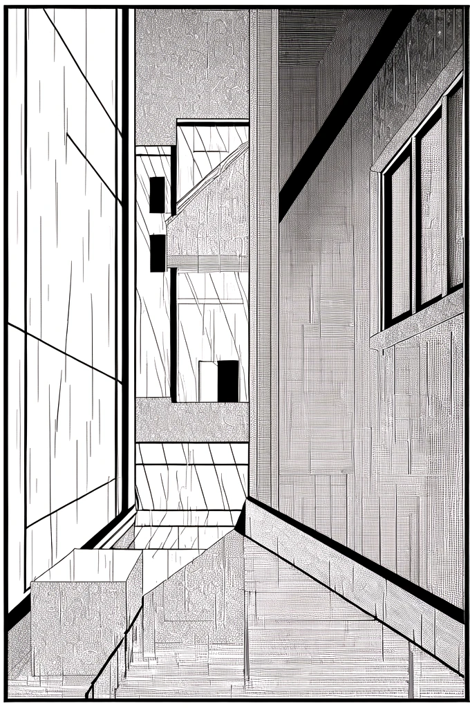 a black and white drawing of a room with a window and a door, black and white manga panel, black and white manga page, rainy environment, rain. hyper detailed, inside on a rainy day, rainy outside, window ( rain ), rainy and gloomy atmosphere, rainy day outside, impending doom in an alleyway, manga panels, manga page, alley, ((LineArt))