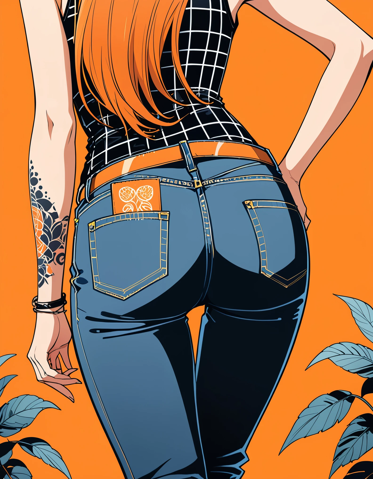 in style of Kilian Eng,Minimalist Lines and Shapes,Tattoo Designs closeup,1girl,独奏,Orange background,Plaid sleeveless bodysuit T-shirt,jeans,Lean forward,Standing,1 hand supports the leg,The other hand is behind his back,looking at viewer,Long orange hair,Simple style,comics,