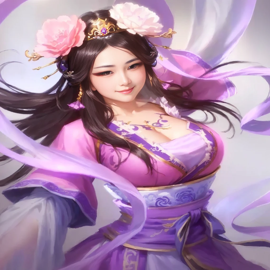 a woman in a purple dress with flowers on her head, a beautiful fantasy empress, inspired by Ju Lian, inspired by Li Mei-shu, yun ling, inspired by Lan Ying, inspired by Wu Zuoren, inspired by Wu Bin, inspired by Pu Hua, ((a beautiful fantasy empress)), inspired by Qiu Ying, inspired by Wu Li, , Highly detailed CG unit 8k wallpaper, masterpiece, High resolution, highest quality, highest quality real texture skin, Super Real, Digital Painting, Best image quality, 最High resolution, 8k, ((Highly detailed eyes and face, Beautiful eyes every detail)), 1girl, Full Body Shot, Saggy breasts, Gravity-dependent breasts, long chest, Heavy chest, disproportionate breasts, huge breasts, sagging breasts, gigantic breasts, erect nipple, honfu, smile,
