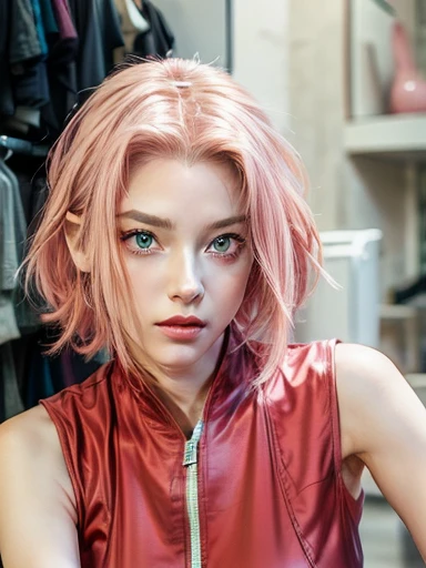 young woman, short shoulder-length pink hair, wide forehead, porcelain skin, pink eyebrows, big emerald green eyes, buttoned nose, full lips, heart-shaped face, slender body, small breasts, red tank top, Sakura Haruno , realistic, realism, details, 3d, well detailed
