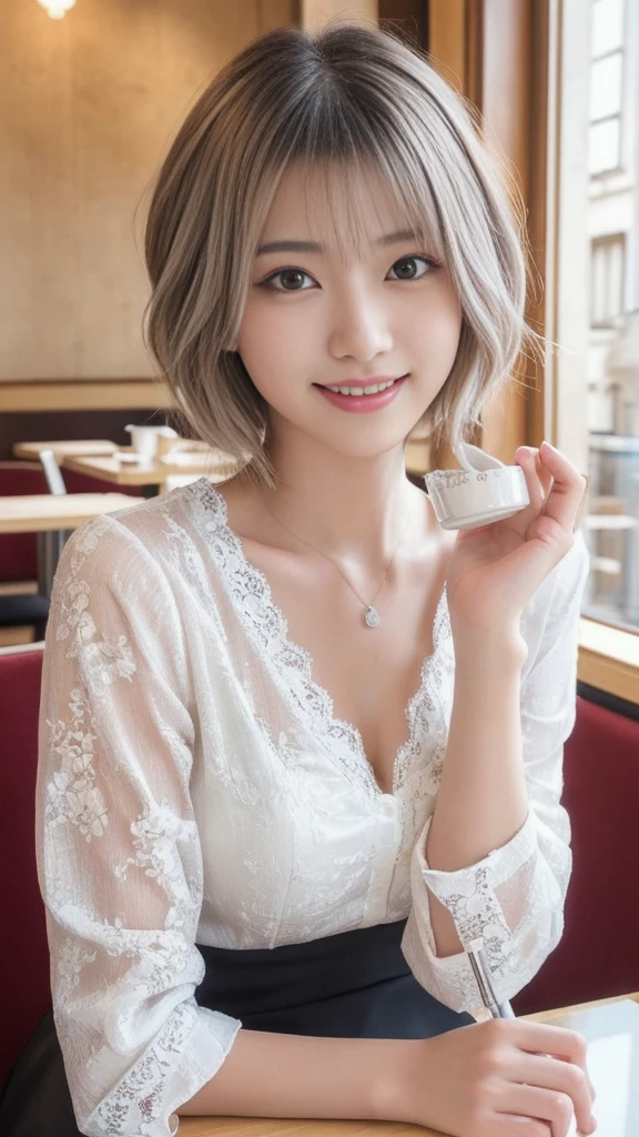 (1 young ultra Cute japanese girl,short silver hair,porcelain white skin,slender figure,lacy shirt,sitting in Italian cafe,drinking black tea,beautiful detailed eyes,long eyelashes,charming dropped eyes,lovely smiling lips,extremely detailed face without makeup:2.0),best quality,4k,8k,highres,masterpiece,ultra-detailed,realistic,photorealistic,photo-realistic,HDR,UHD,studio lighting,ultra-fine painting,sharp focus,physically-based rendering,extreme detail description,professional,vivid colors,bokeh,portraits,soft pastel colors,natural lighting,cinematic composition
