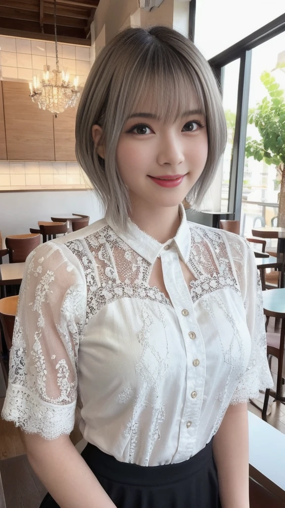 (1 young ultra Cute japanese girl,short silver hair,porcelain white skin,slender figure,lacy shirt,sitting in Italian cafe,drinking black tea,beautiful detailed eyes,long eyelashes,charming dropped eyes,lovely smiling lips,extremely detailed face without makeup:2.0),best quality,4k,8k,highres,masterpiece,ultra-detailed,realistic,photorealistic,photo-realistic,HDR,UHD,studio lighting,ultra-fine painting,sharp focus,physically-based rendering,extreme detail description,professional,vivid colors,bokeh,portraits,soft pastel colors,natural lighting,cinematic composition
