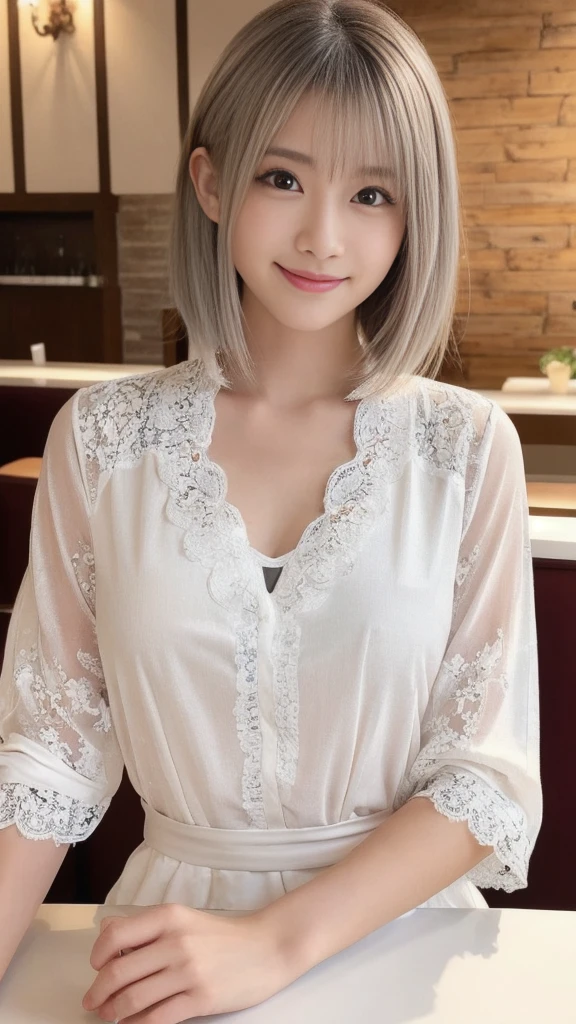 (1 young ultra Cute japanese girl,short silver hair,porcelain white skin,slender figure,lacy shirt,sitting in Italian cafe,drinking black tea,beautiful detailed eyes,long eyelashes,charming dropped eyes,lovely smiling lips,extremely detailed face without makeup:2.0),best quality,4k,8k,highres,masterpiece,ultra-detailed,realistic,photorealistic,photo-realistic,HDR,UHD,studio lighting,ultra-fine painting,sharp focus,physically-based rendering,extreme detail description,professional,vivid colors,bokeh,portraits,soft pastel colors,natural lighting,cinematic composition