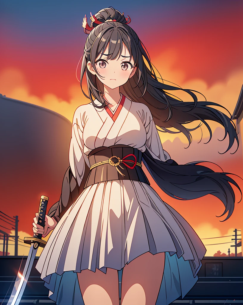 (Highest quality, 32k, High resolution, Masterpiece:1.5, ), god々It has a brilliant shine and the power to exorcise demons., One Girl, Put your inner strength into the sword and exorcise the darkness., Expressing emotions, Have a rich imagination, Beautiful Japanese Girls, Perfect Human Anatomy, Magical big eyes, Motherhood and generosity, Deep Love, Fleeting Expression, Shiny black hair, Ponytail swaying in the wind, Asymmetrical bangs, Hair between the eyes, Transparent, soft white skin, Sharp eyebrows, Thin lashes, Natural Makeup, Cheek highlighter, Detailed and cute lips, ((Traditional Japanese street burns down:1.2)), ((Swordsman with a Japanese sword:1.4)), ((Red sky and flame background:1.1)), Slim figure with ample breasts, Beautifully detailed skies, ((Standing on the tracks that stretch to the horizon:1.2)), god秘的
