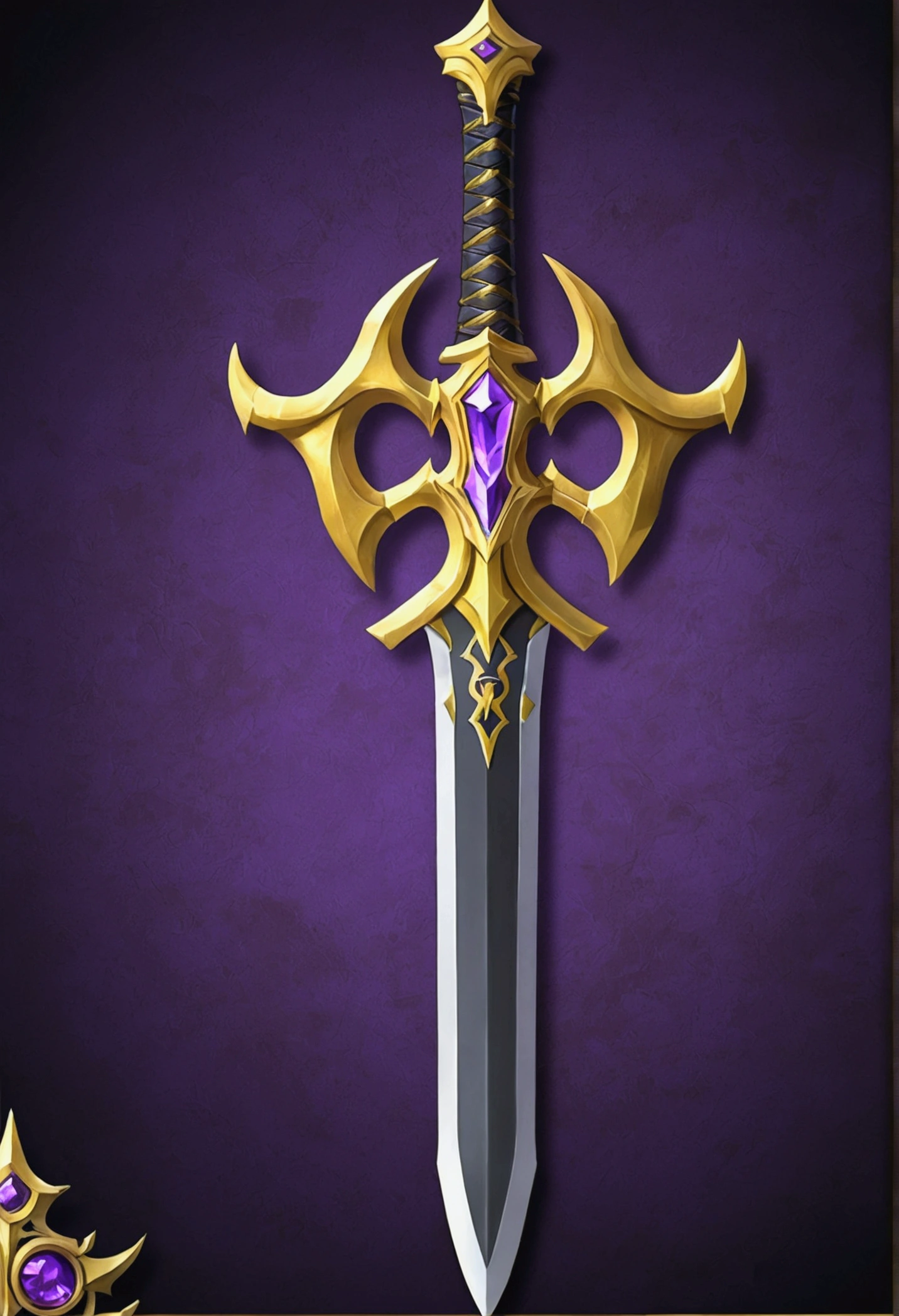 a close up of a sword with a gold and purple design, sword design, fantasy sword, huge sword, fantasy rpg weapon art, beautiful sword, greatsword, fantasy sword of warrior, greatsword, Gold sword, epic fantasy weapon art, war blade weapon, warcraft blizzard weapon art, weapon concept art, intricate fantasy spear, chainsword in the other, rpg game item, sword inside the shield, Ronan third class style from the game Grand Chase, black with gold details