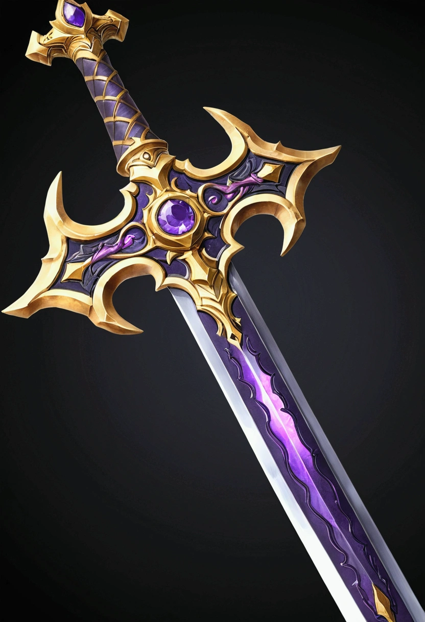 a close up of a sword with a gold and purple design, sword design, fantasy sword, huge sword, fantasy rpg weapon art, beautiful sword, greatsword, fantasy sword of warrior, greatsword, Gold sword, epic fantasy weapon art, war blade weapon, warcraft blizzard weapon art, weapon concept art, intricate fantasy spear, chainsword in the other, rpg game item, sword inside the shield, Ronan third class style from the game Grand Chase, black with gold details