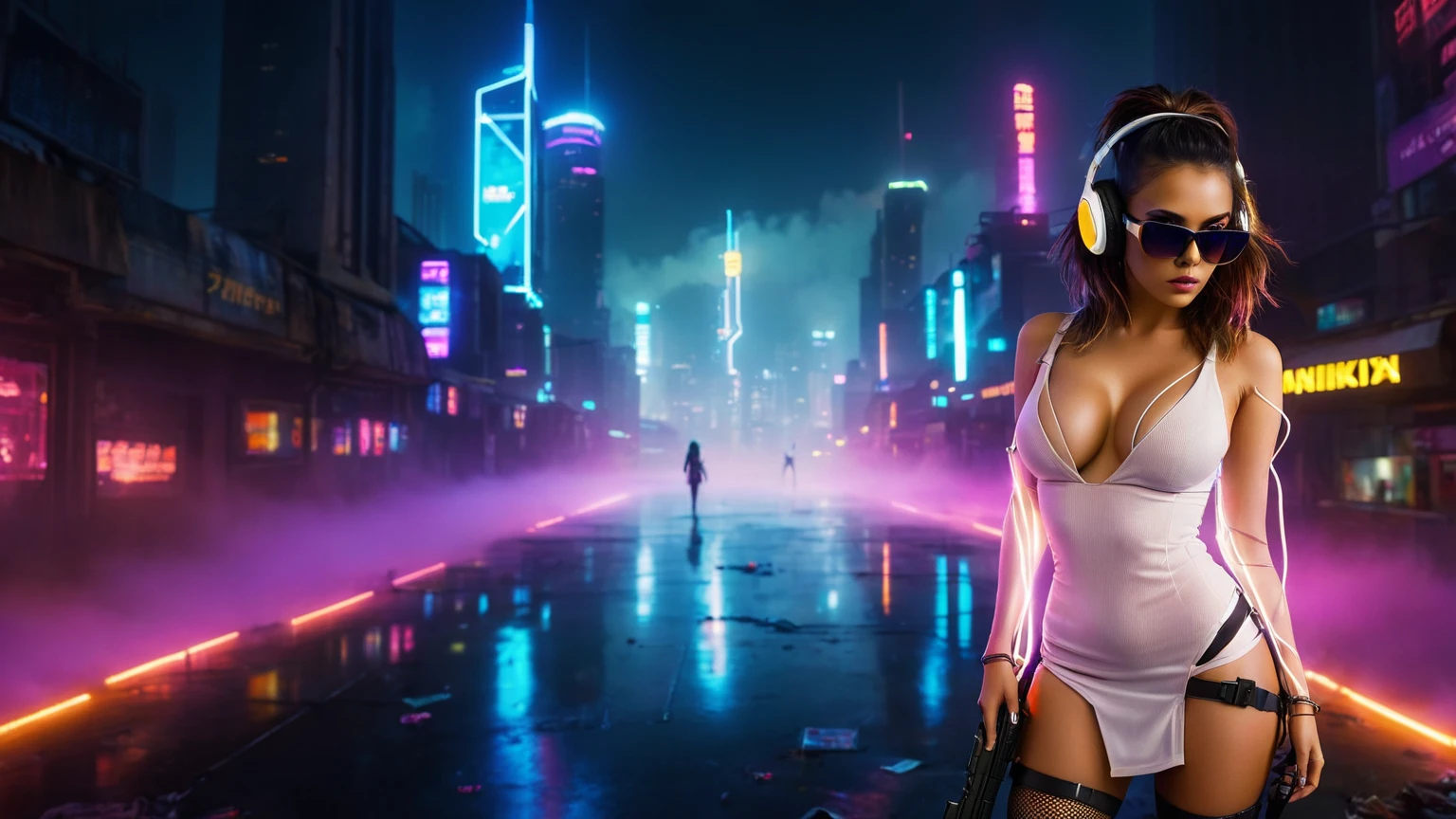 dark futuristic landscape, at night, neon lights, Atmospheric fog, large buildings in the background, futuristic city, streets with open shops, skyscraper (postapocalyptic city:1.3). (((1girl, solo, alone))), large-breast:1.2 slim body, cleavage:1.1, sexy miniskirt, (((headphone, black sunglasses, standing and holding pistol pose))), (((half-body thigh level medium shot))), cinematic lighting, lens flare, ray tracing.