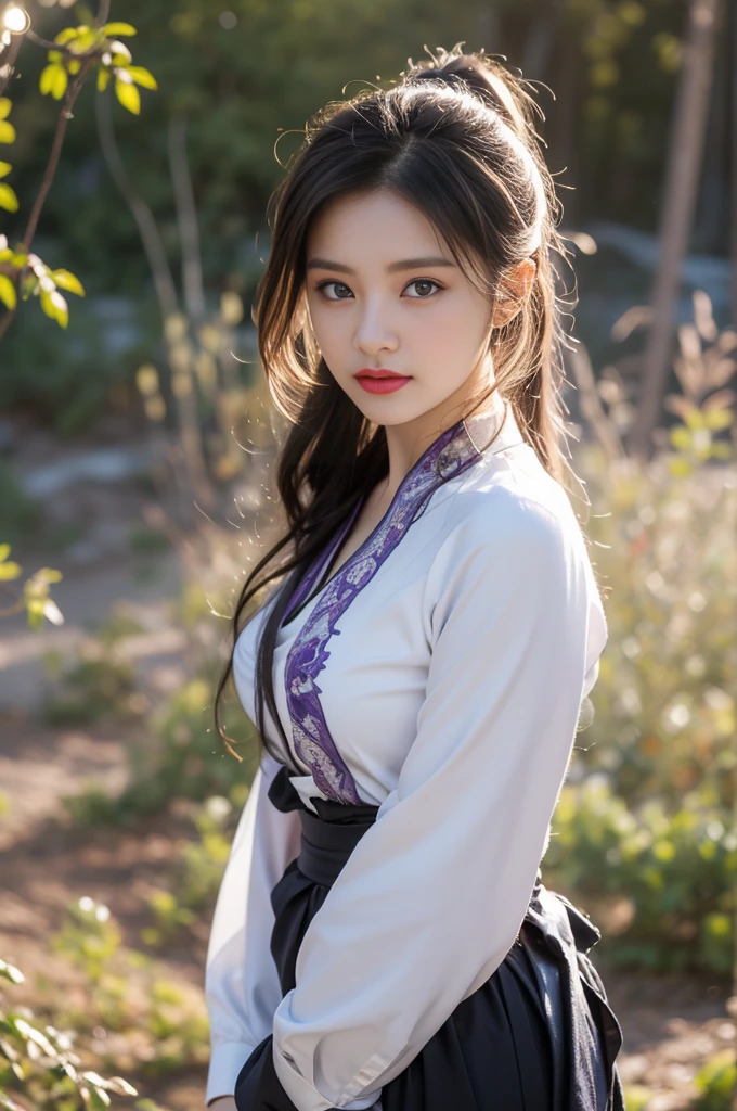 1 beautiful girl in Hanfu costume, ((white thin purple silk shirt with a lot of texture)), white lace top, long purple platinum ponytail Hair, Jewelry, ear jewelry, necklaces and necklaces, carefully drawn big purple eyes, makeup careful, thin eyebrows, high nose, beautiful red lips, no smile, pursed lips, rosy cheeks, wide breasts, big breasts, proportional breasts, slim waist, purple fishnet socks, chinese hanfu style, fictional art texture, colorful bright and realistic, RAW Photo, Realistic Photo, ultra high quality 8k surreal photo, (effective fantasy light effect: 1.8), 10x pixels, magical effect (Background): 1.8), ultradetailed eyes, full body portrait of girl , Chinese royal garden background, dynamic pose