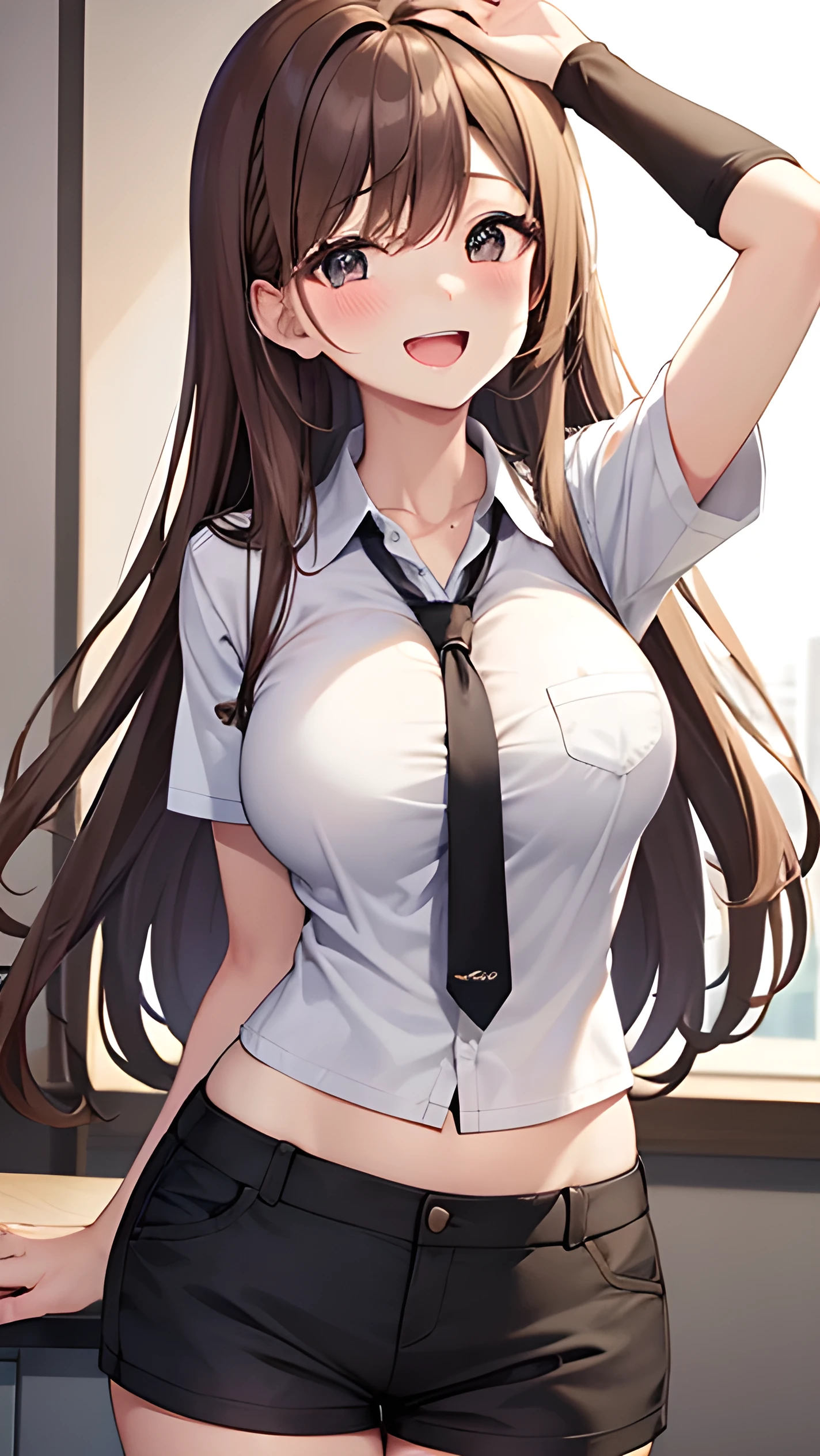 Brown Long Hair, ワイシャツ, Short Pants, laughing, 20-year-old, office, big Breast, City