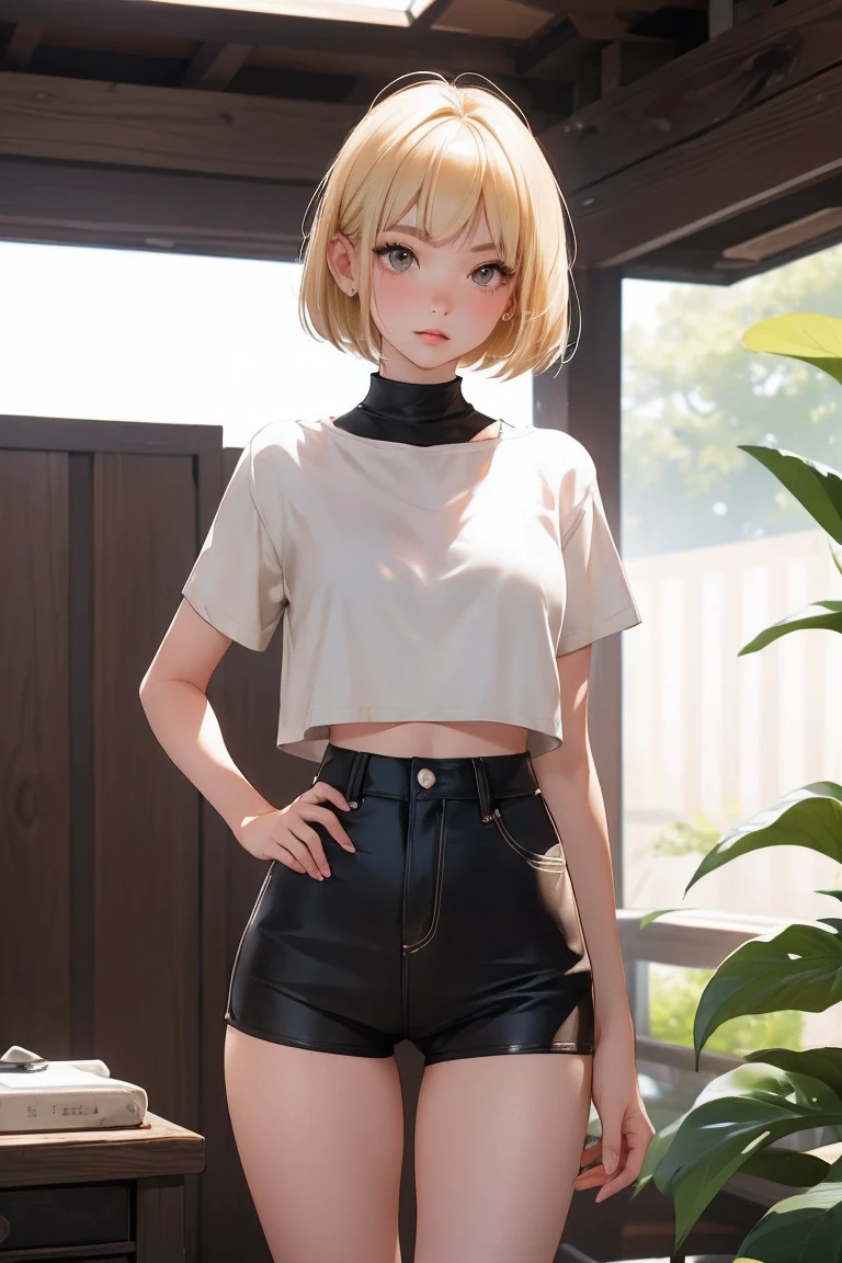 18 year old girl model, hot奴隷いたずらな女の子, beautiful, Too much sunburn, blonde, Bob Hair, bangs, Brown eyes, beautiful figure, Girl in crop shirt and too short mini shorts, beautiful too much long legs, Slave's Bracelet, Slave choker, Manicure, Cute Makeup, Sweaty armpits, Strike a sexy pose, hot summer, hot, Sexy pose, Summer clothing, Highest quality, Highest quality, Pin-up Style, Retro 80s style, Daisy Dukes Style, Miami vibes, Californian